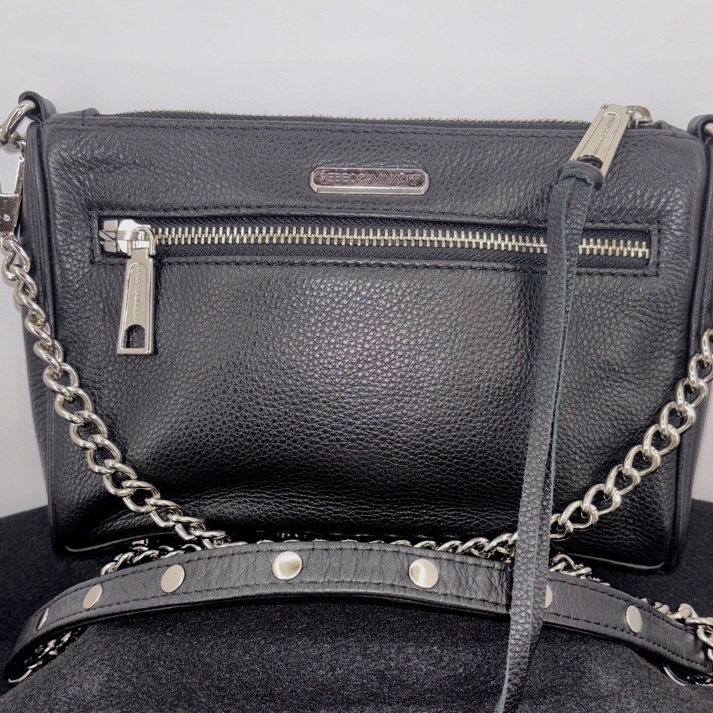 Rebecca Minkoff Triple Zip Black Leather Goth Chain Crossbody Purse Chrome Studs